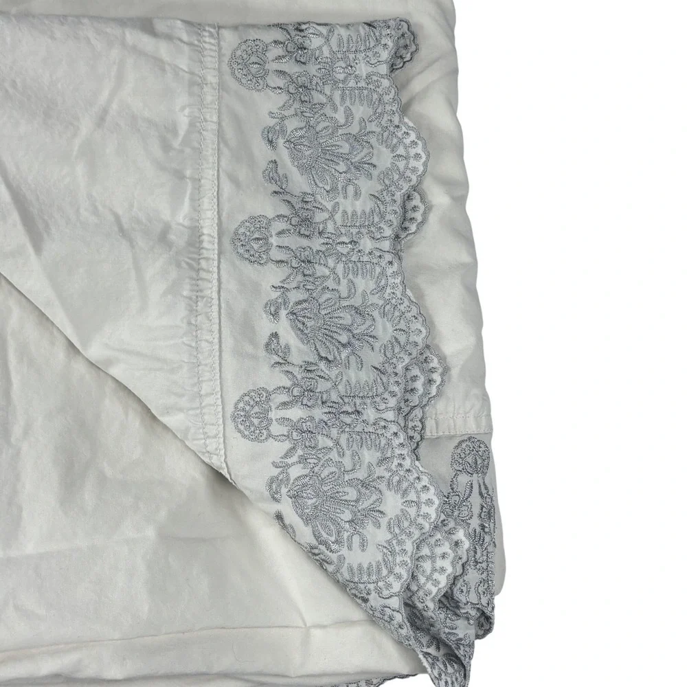 Simply Shabby Chic Ivory Cotton Flat Sheet Silver Full 82 x 90 Embroidered‎